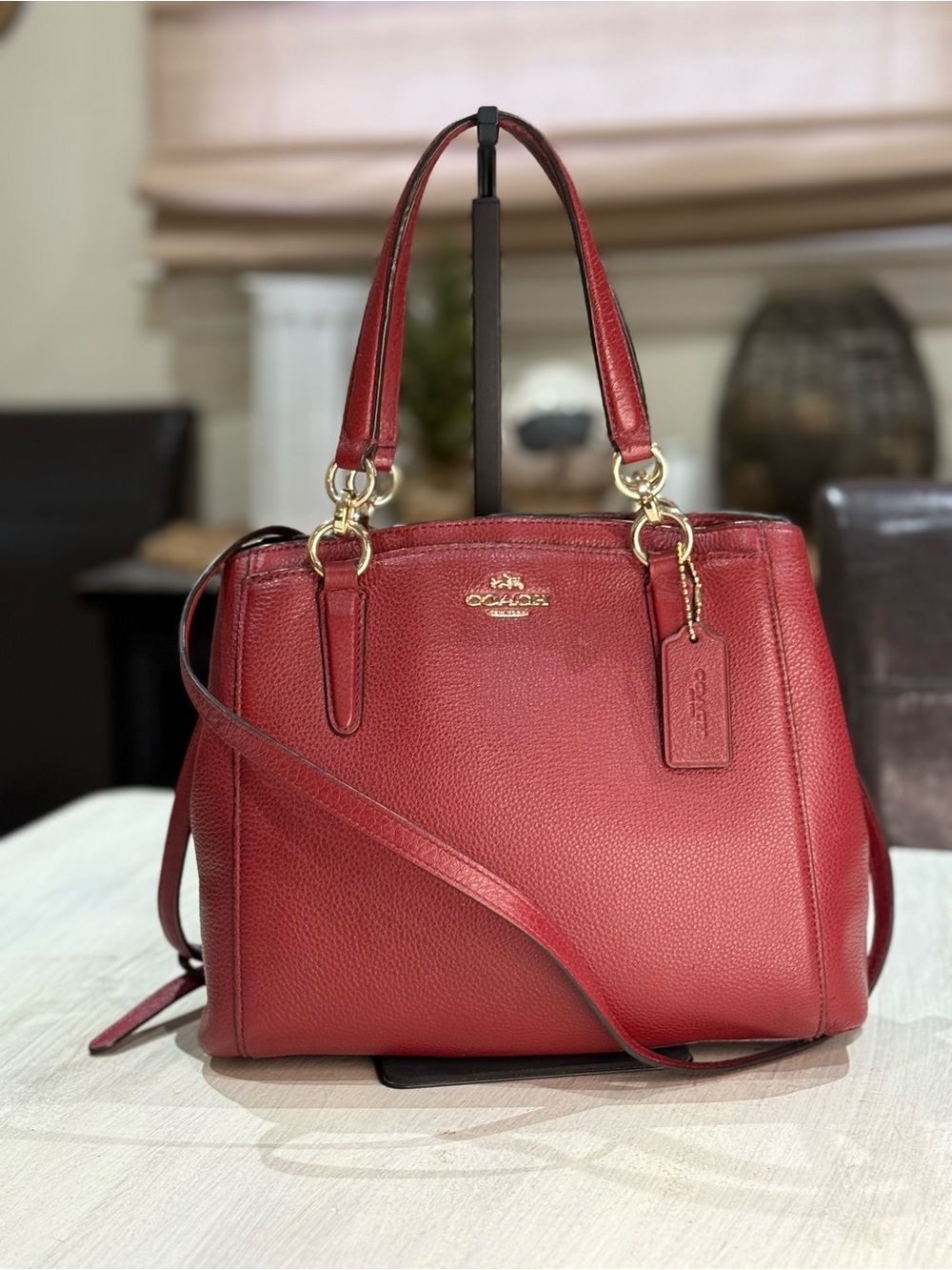 Coach Christie Red Pebbled Leather Carryall Satchel with Gold Hardware-EUC